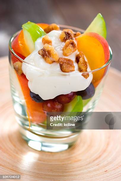 yogurt and fruit cup - fruit parfait stock pictures, royalty-free photos & images