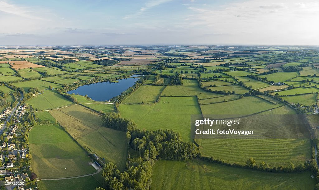 Aerial vista over farm and village