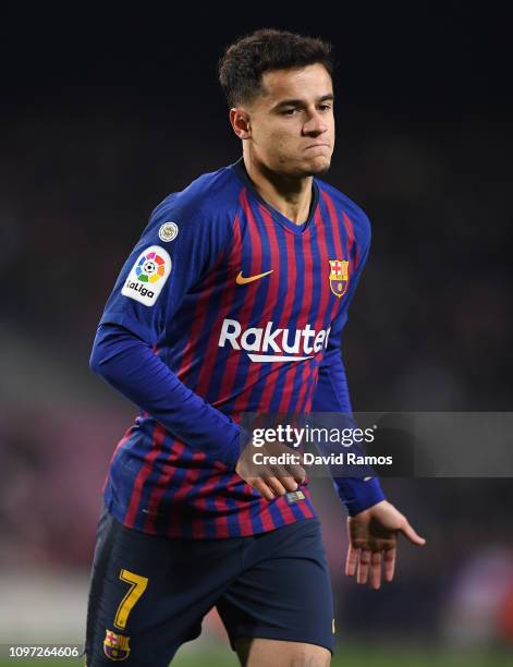 Philippe Coutinho of FC Barcelona looks on during the La Liga match between FC Barcelona and CD Leganes at Camp Nou on January 20, 2019 in Barcelona,...