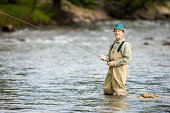 Mature Man Fly Fishing in Mountain Stream