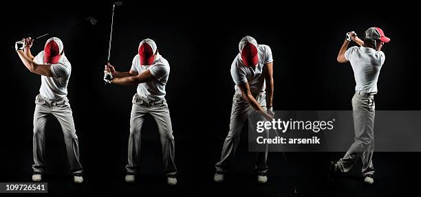 serie foto de hombre balanceo de golf club sobre negro - swing de golf fotografías e imágenes de stock