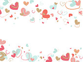 Decorative background with brush painted hearts on white backdrop. Flat vector texture.