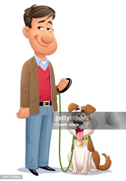 ilustraciones, imágenes clip art, dibujos animados e iconos de stock de hombre con su perro - correa