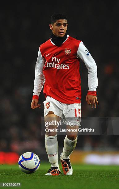 Denilson of Arsenal runs with the ball during the FA Cup sponsored by E.ON 5th Round Replay match between between Arsenal and Leyton Orient at the...