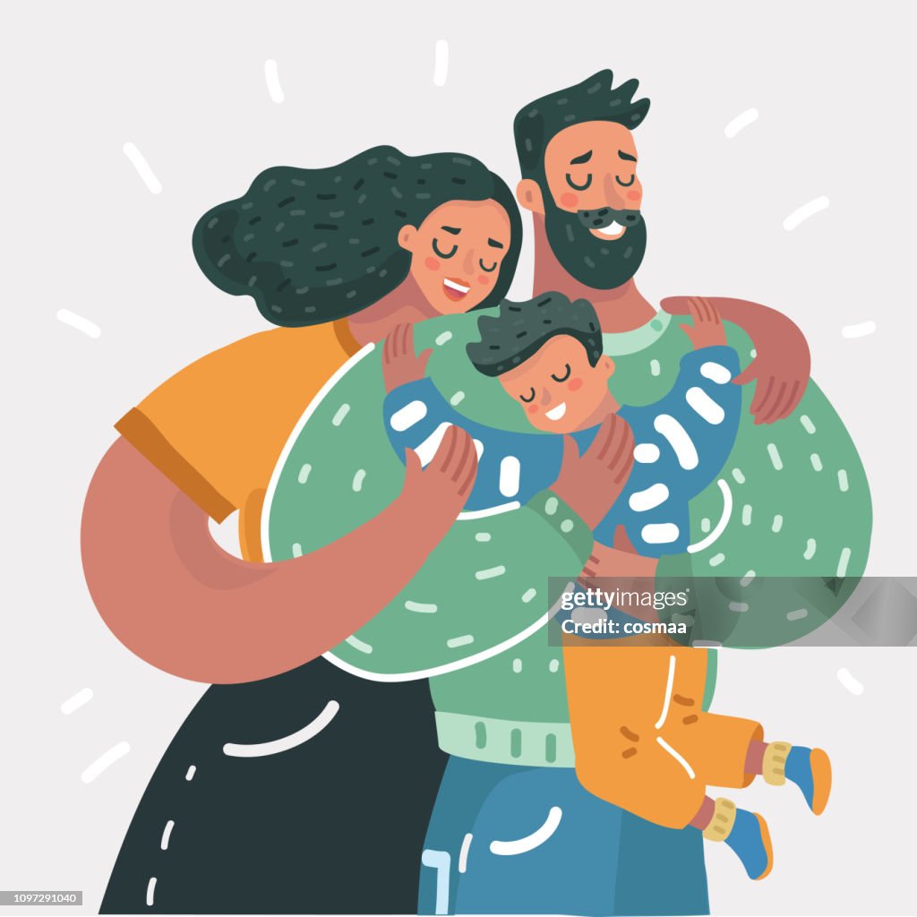 Cartoon illustration of a young happy family