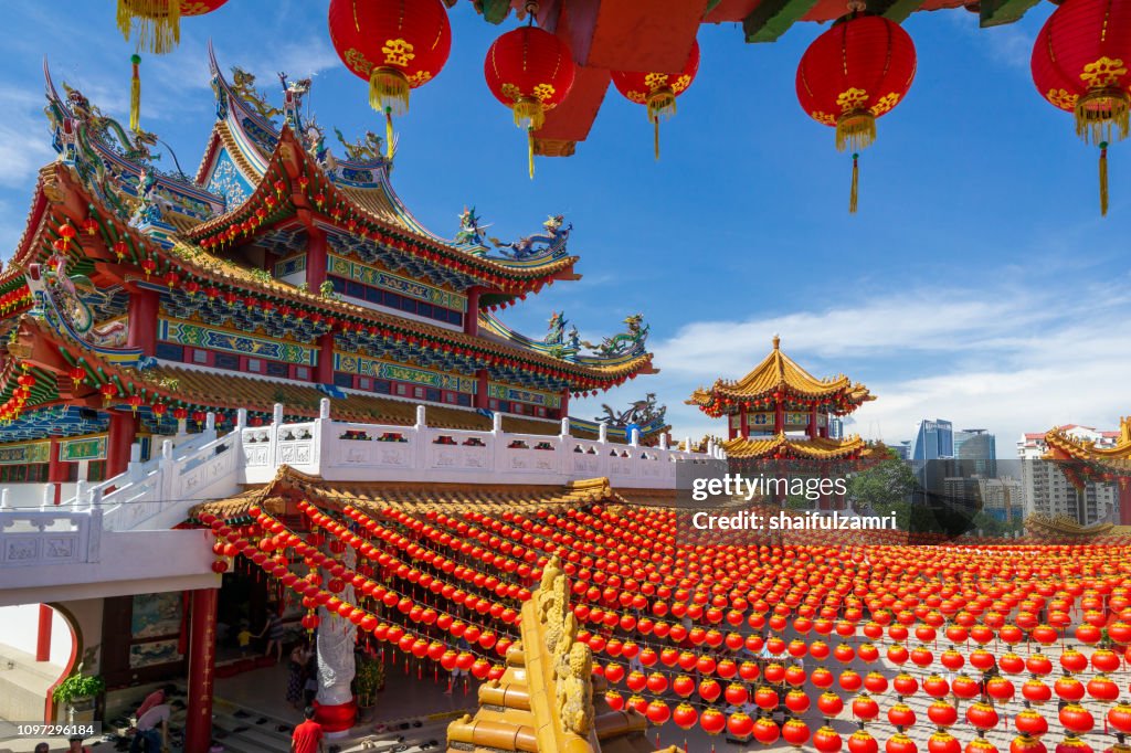 Paper red lanterns hanging at old Chinese temple in Kuala Lumpur