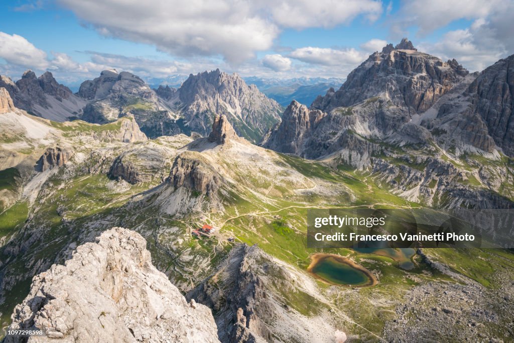 Locatelli hut at Tre Cime di Lavaredo from Monte Paterno.