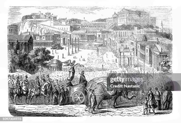 triumphal procession of the roman emperor by the forum romanum - alps romania stock illustrations