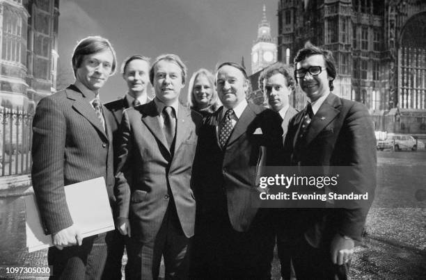 Scottish National Party 's Members of Parliament outside the Palace of Westminster, London, UK, 19th March 1975; George Reid, Gordon Wilson , Douglas...