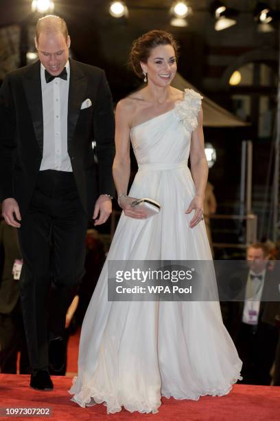 Prince William, Duke of Cambridge and Catherine, Duchess of Cambridge arrive to attend the EE British Academy Film Awards at Royal Albert Hall on...