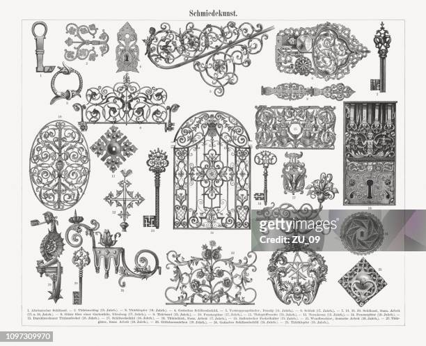 stockillustraties, clipart, cartoons en iconen met historische smeedwerk (gothic-, renaissance- en barokstijl), hout gravures, 1897 gepubliceerd - deurklopper
