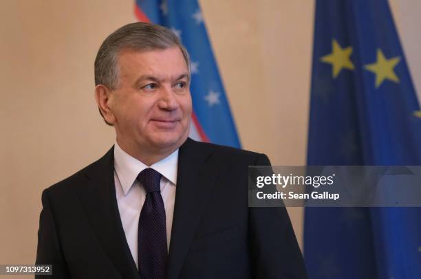 Uzbek President Shavkat Mirziyoyev arrives to meet with German President Frank-Walter Steinmeier at Schloss Bellevue presidential palace on January...