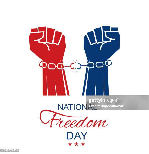 national freedom day white poster with hands in chains. vector illustration. - broken chain stock illustrations