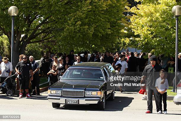 Mourners farewell earthquake victim Jeff Sanft following his funeral at the Kerrs Chapel as New Zealand buries its dead following last week's...
