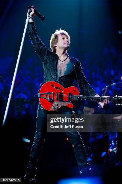 Jon Bon Jovi of Bon Jovi performs at the Wells Fargo Center March 2, 2011 in Philadelphia, Pennsylvania. The sold out show was held on Jon Bon Jovi's...