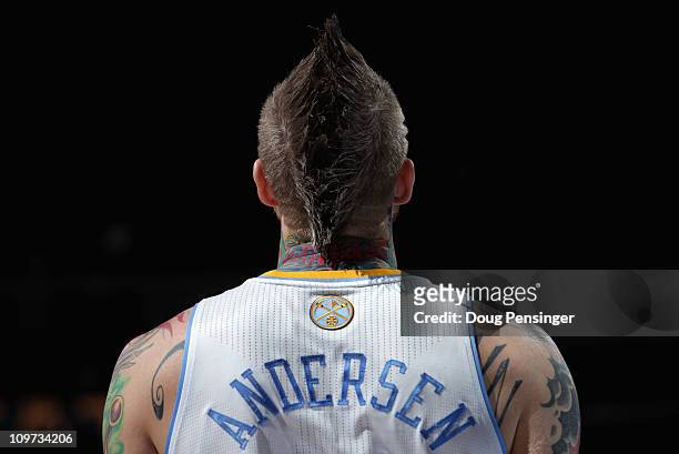 Detail photograph of the back of the jersey of Chris Andersen of the Denver Nuggets as he faces the Charlotte Bobcats at the Pepsi Center on March 2,...