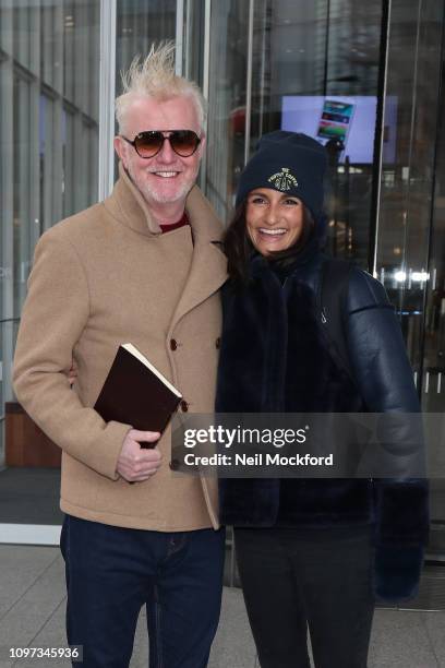 Chris Evans and his wife Natasha Shishmanian seen leaving Virgin Radio after his first radio show on January 21, 2019 in London, England.