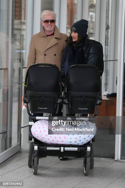 Chris Evans and his wife Natasha Shishmanian seen leaving Virgin Radio after his first radio show on January 21, 2019 in London, England.