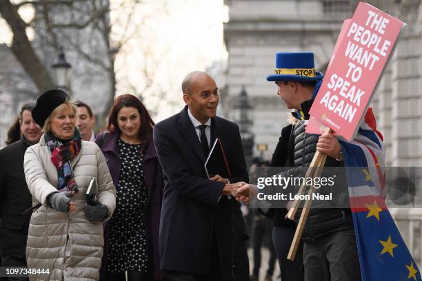 Conservative MP Anna Soubry and Labour MPs Luciana Berger and Chuka Umunna are greeted by anti-Brexit protestor Steve Bray as they arrive at the...