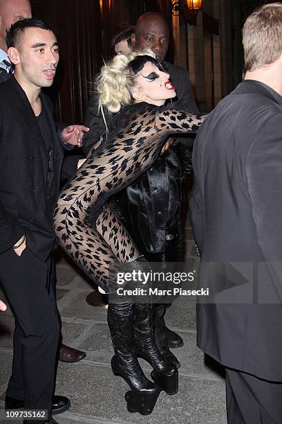 Lady Gaga leaves the 'Thierry Mugler' aftershow at 'Maxim's' on March 2, 2011 in Paris, France.