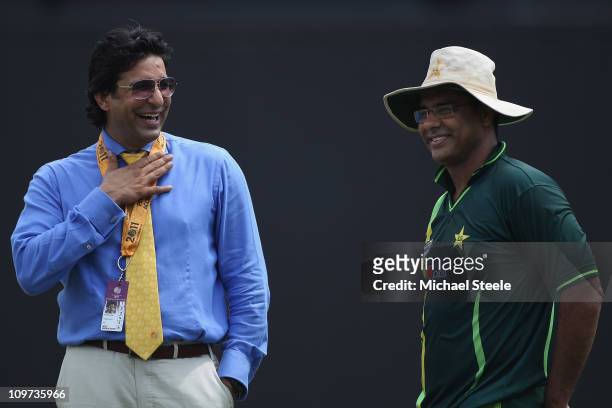 Waqar Younis coach of Pakistan in conversation with Wasim Akram ex Pakistan international and television commentator during the Canada v Pakistan...