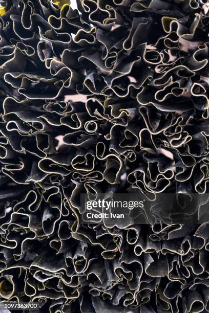 full frame of stack of japanese dry seaweed - kelp stock-fotos und bilder