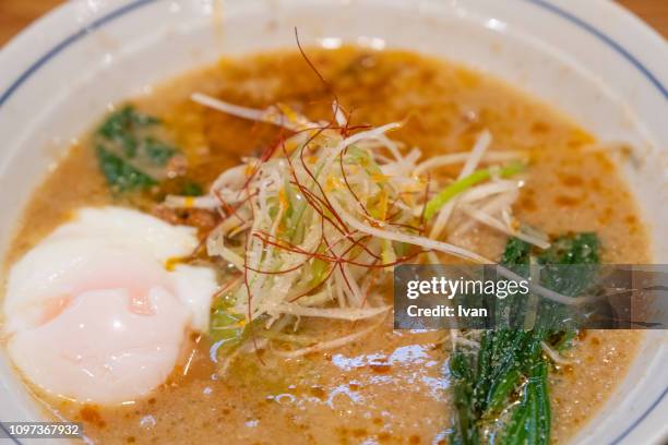 japanese ramen soup with chicken, egg, chives and sprout - nagoya bildbanksfoton och bilder