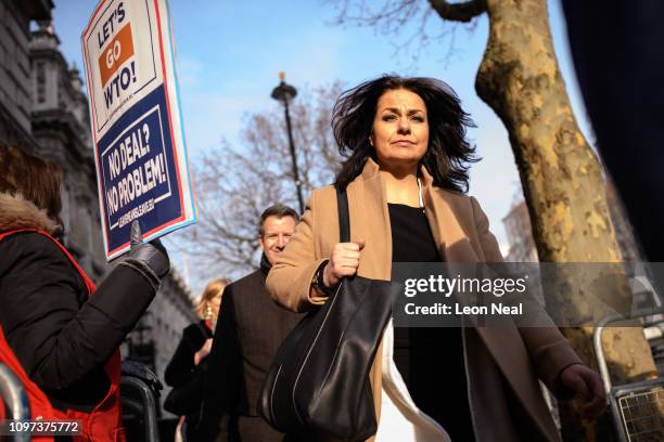 Conservative MP Heidi Allen passes a pro-Brexit protester after leaving the Cabinet Office following a Brexit meeting with Theresa May's Chief of...