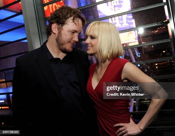 Actors Chris Pratt and Anna Faris pose at the after party for the premiere of Relativity Media's "Take Me Home Tonight" at the Conga Room on March 2,...