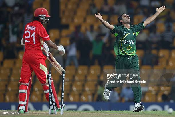 Abdul Razzaq of Pakistan celebrates bowling Nitish Kumar during the Canada v Pakistan 2011 ICC World Cup Group A match at the R. Premadasa Stadium on...