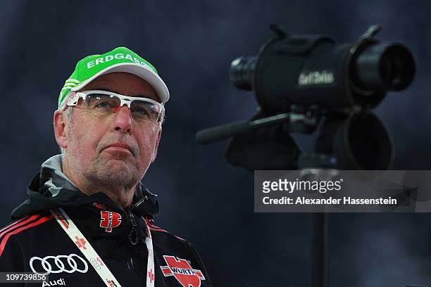 Uwe Muessiggang, head coach of Germany looks on at mixed relay during the IBU Biathlon World Championships at A.V. Philipenko winter sports centre on...