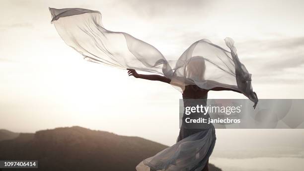 wind zu fangen. frau im eleganten kleid posiert in bergen - seidentuch stock-fotos und bilder