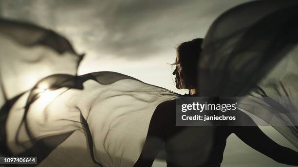 romantisches mädchen im langen kleid, den wind zu genießen. auf einem felsen stehend - high fashion stock-fotos und bilder