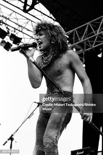Jon Bon Jovi of Bon Jovi performs on stage at Nagoya Stadium for Super Rock '84, 4th August 1984, Tokyo, Japan.
