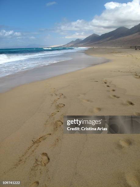 Footprints on the lonely beach of Cofete, Peninsula de Jandia, Fuerteventura, Canary Islands, Spain, september 2010.