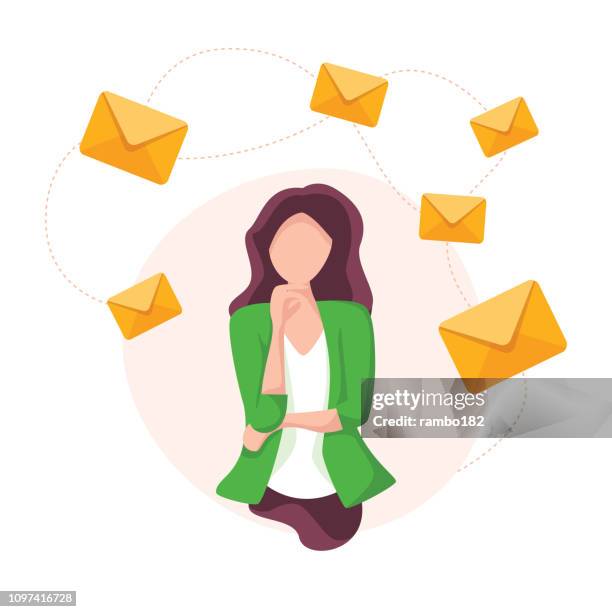 mail und moderne kommunikations-konzept mit geschäftsfrau denken. teamarbeit und marketing. - e mail posteingang stock-grafiken, -clipart, -cartoons und -symbole