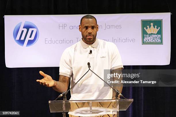 LeBron James attends the LeBron James Family Foundation Hewlett-Packard computer give announcement and American signature teen & game room dedication...