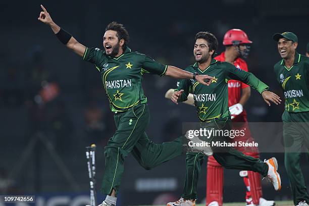 Shahid Afridi of Pakistan celebrates taking the wicket of Harvir Baidwan during the Canada v Pakistan 2011 ICC World Cup Group A match at the R....