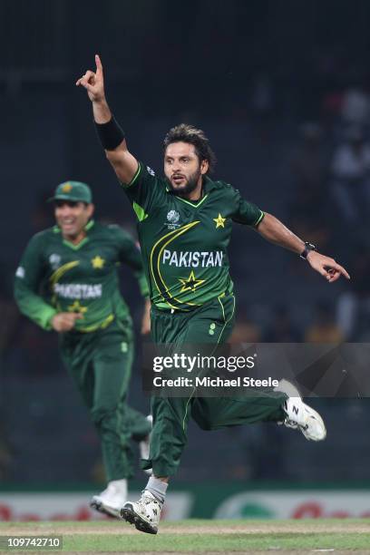 Shahid Afridi of Pakistan celebrates taking the wicket of Harvir Baidwan during the Canada v Pakistan 2011 ICC World Cup Group A match at the R....