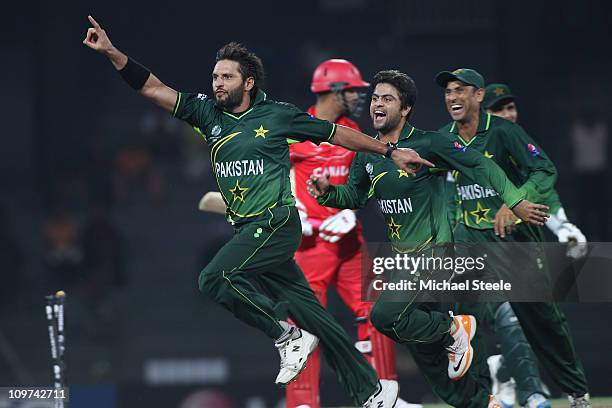 Shahid Afridi of Pakistan celebrates taking the wicket of Harvir Baidwan during the Canada v Pakistan 2011 ICC World Cup Group A match at the R....