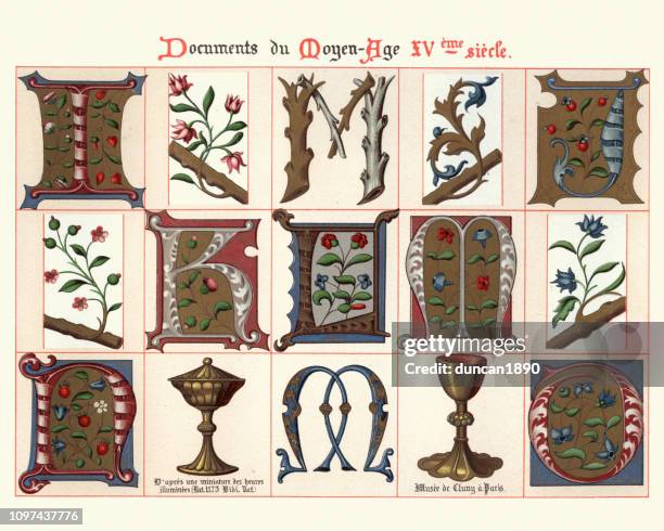 examples of medieval decorative art, capital letters, design elements - chalice stock illustrations