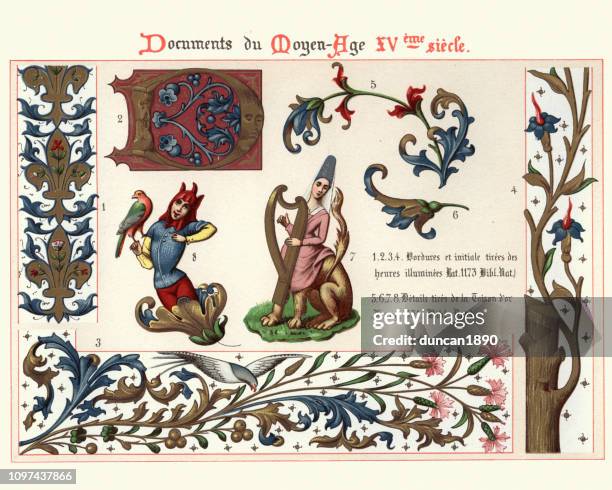 examples of medieval decorative art, floral design elements, jester, monster - manuscript stock illustrations