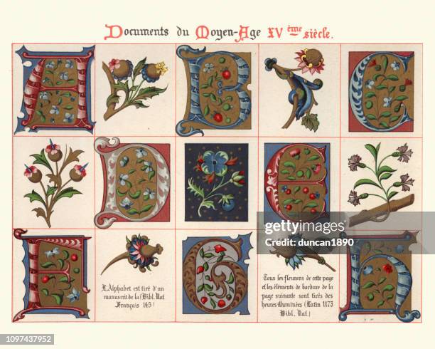 examples of medieval decorative art, capital letters, floral design elements - manuscript stock illustrations