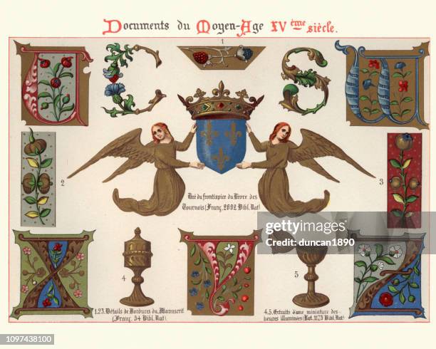 中世の装飾的な芸術の例大文字、天使、クラウン - 15世紀頃点のイラスト素材／クリップアート素材／マンガ素材／アイコン素材