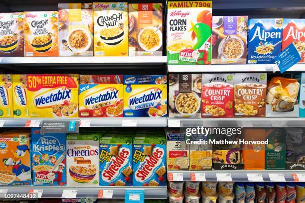 Boxes of breakfast cereal on display on a supermarket shelf on January 4, 2019 in Cardiff, United Kingdom.