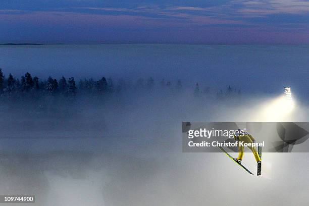 Andreas Kofler of Austria competes in the Men's Ski Jumping HS134 competition during the FIS Nordic World Ski Championships at Holmenkollen on March...