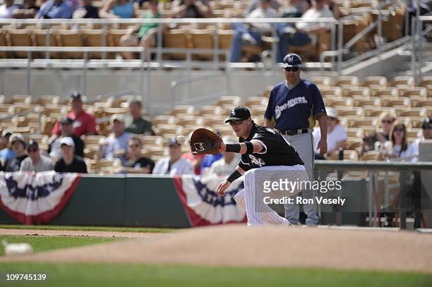 Dallas McPherson of the Chicago White Sox fields against the Milwaukee Brewers on March 01, 2011 at The Ballpark at Camelback Ranch in Glendale,...