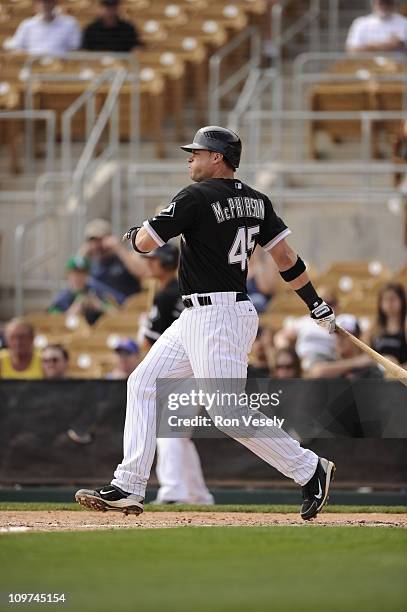 Dallas McPherson of the Chicago White Sox bats against the Milwaukee Brewers on March 01, 2011 at The Ballpark at Camelback Ranch in Glendale,...