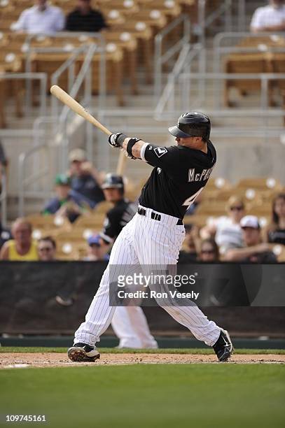 Dallas McPherson of the Chicago White Sox bats against the Milwaukee Brewers on March 01, 2011 at The Ballpark at Camelback Ranch in Glendale,...