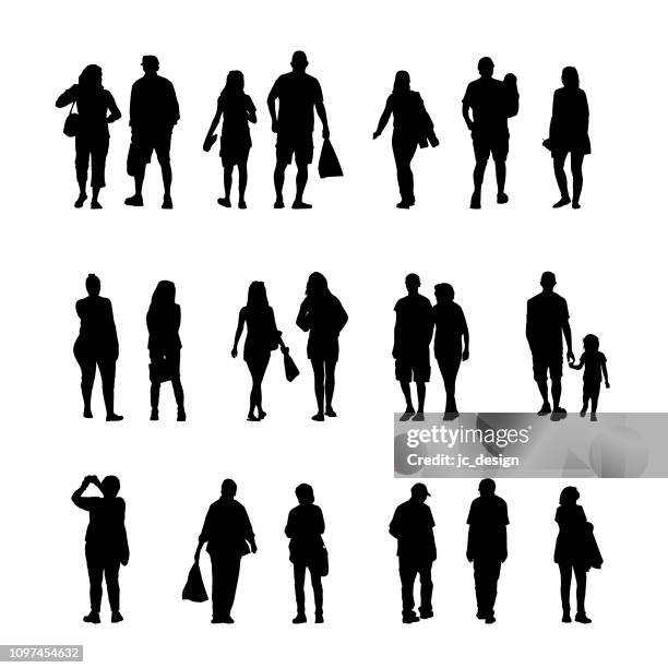 illustrations, cliparts, dessins animés et icônes de un groupe de silhouettes de gens marchant et shopping - large family